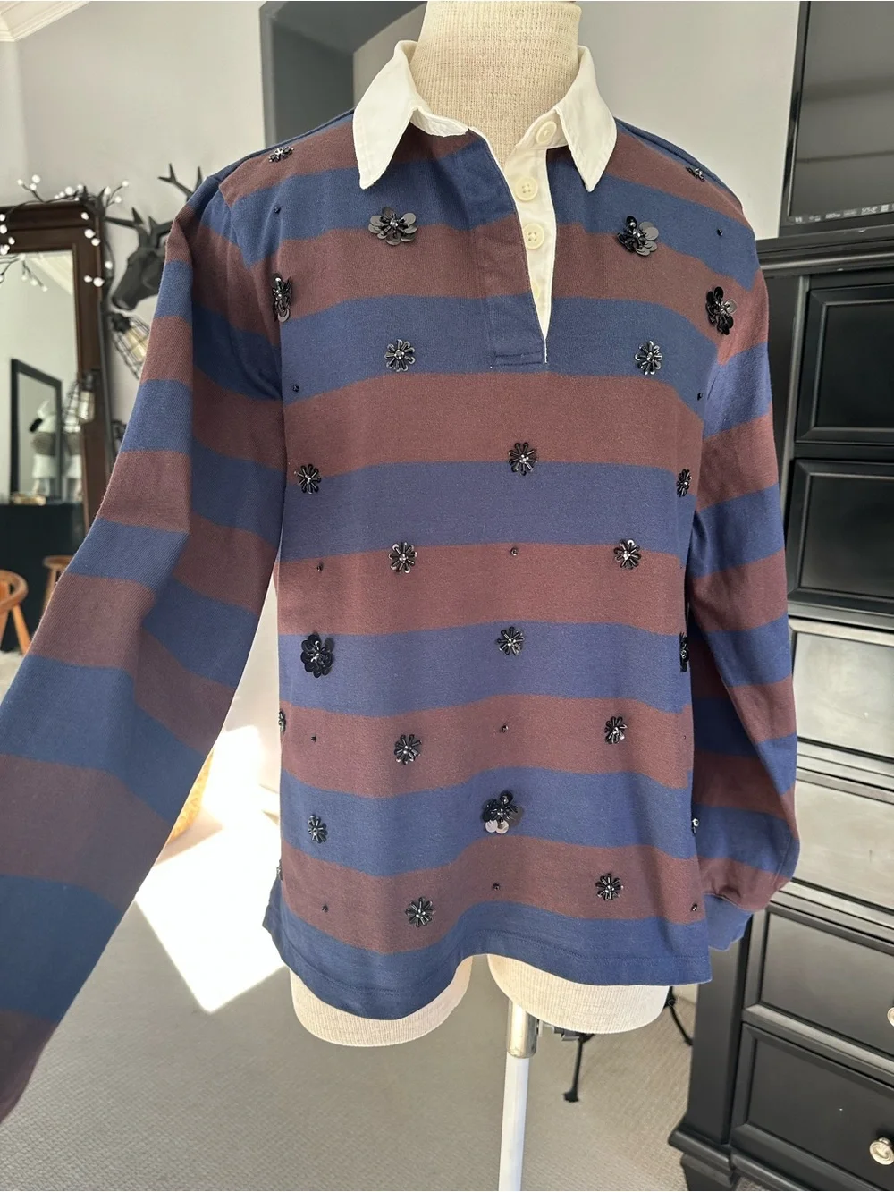 J. Crew striped rugby style top in navy and burgundy, size large